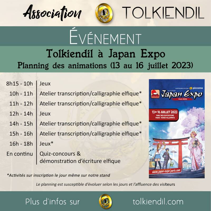  Planning des animations sur l'espace Tolkiendil lors de Japan Expo 2023 